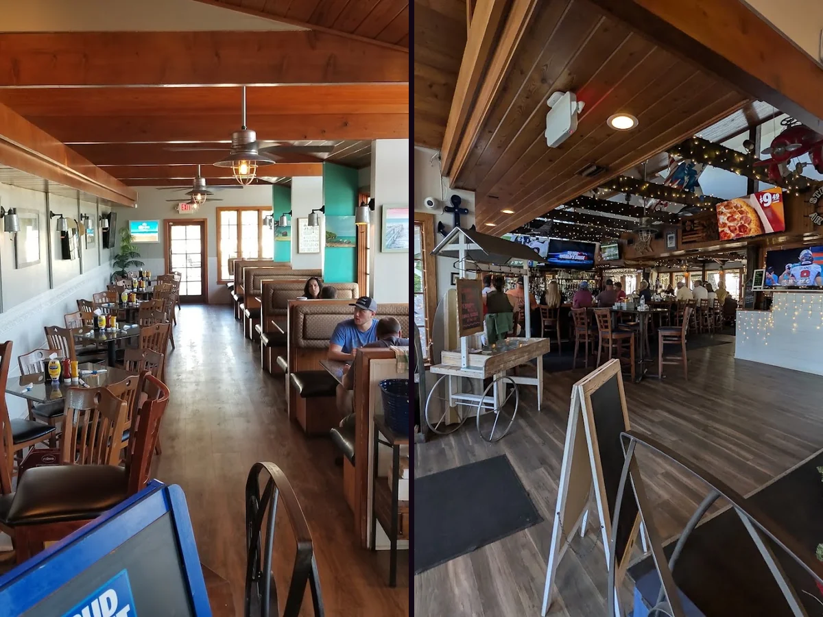 Beach-themed dining room with TVs and warm lighting.